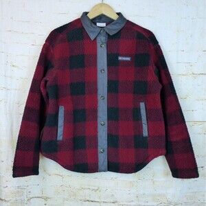 Columbia Shirt Jacket Women M Red Buffalo Plaid Checks South End Sherpa Shacket